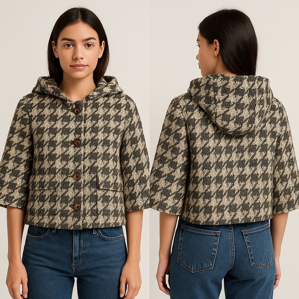 Anthropologie Elevenses Gray/Cream Hooded Boucle Jacket‎ Sz. S
